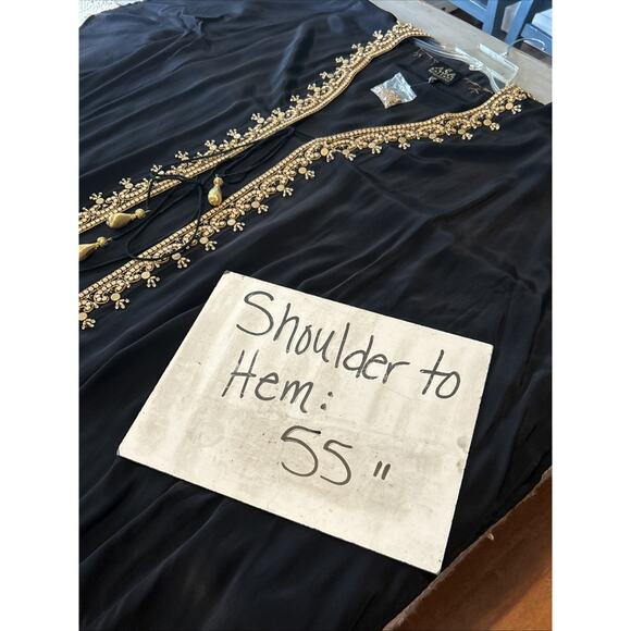 Asa Kaftans Black Gold Beading Halter Dress w/ Double Tie Front Robe Sz L / XL - Picture 15 of 16